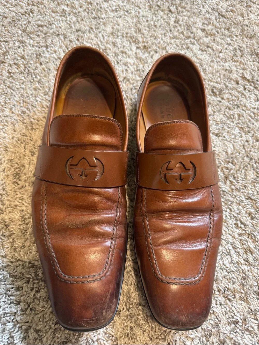 Gucci Brown Leather Logo Strap Men's Loafers